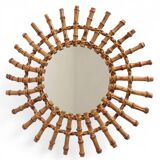 Midcentury Sunburst Mirror, Bamboo & Rattan, Handmade in France, 1950s