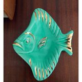 Plat Magdalithe en céramique en forme de poisson turquoise et doré des années 1950