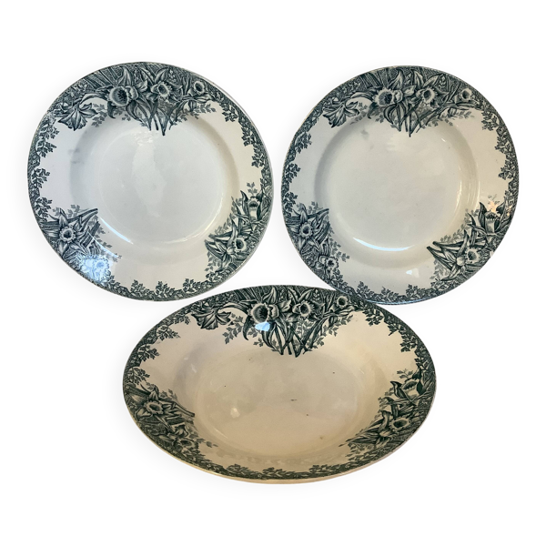 3 assiettes creuses anciennes modèle ''Narcisses'' Saint Amand