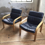 Danish sofa and armchairs curved wood and leather