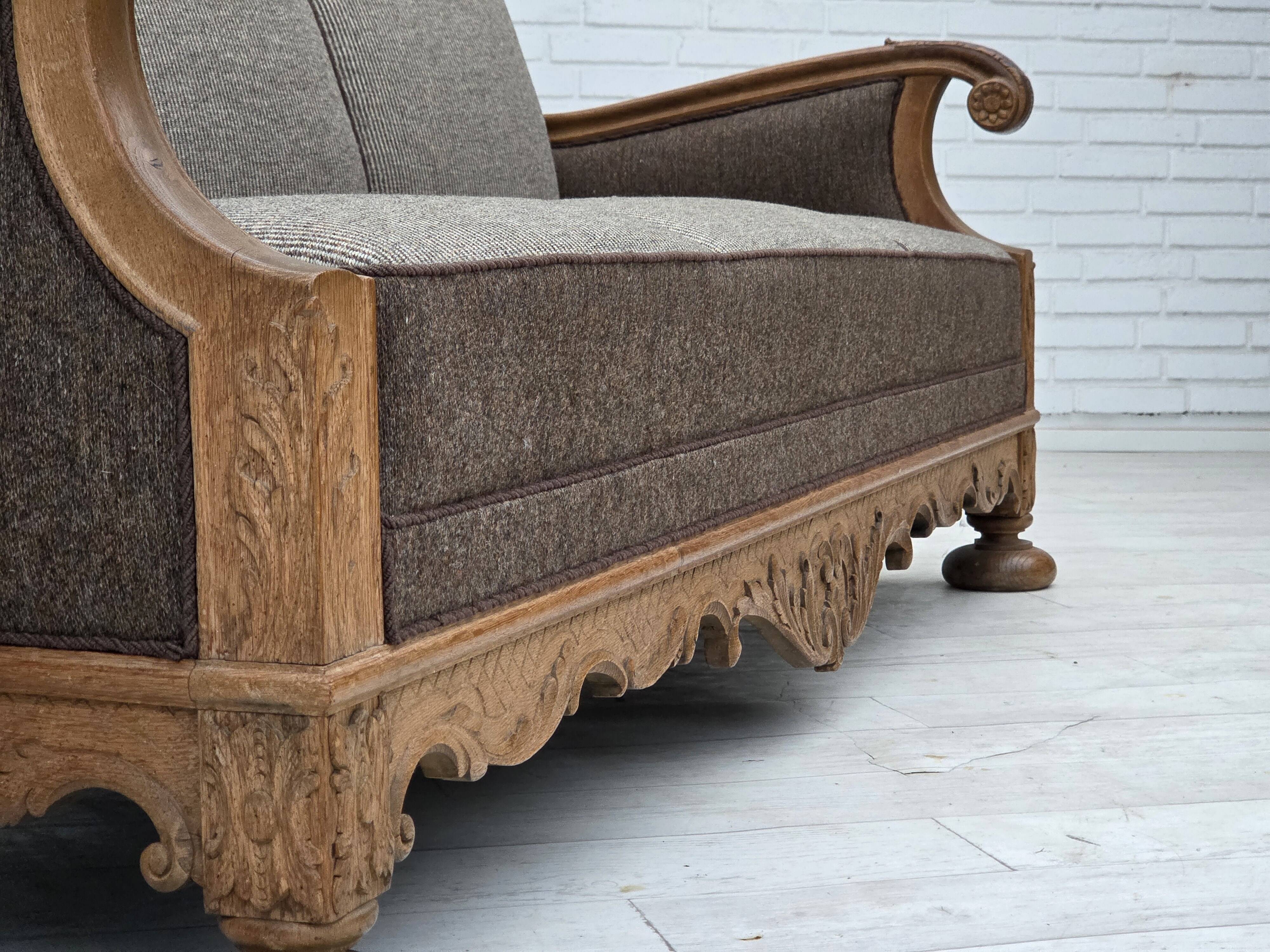 1950s, Danish 3-seater sofa, furniture wool, solid carved oak wood.