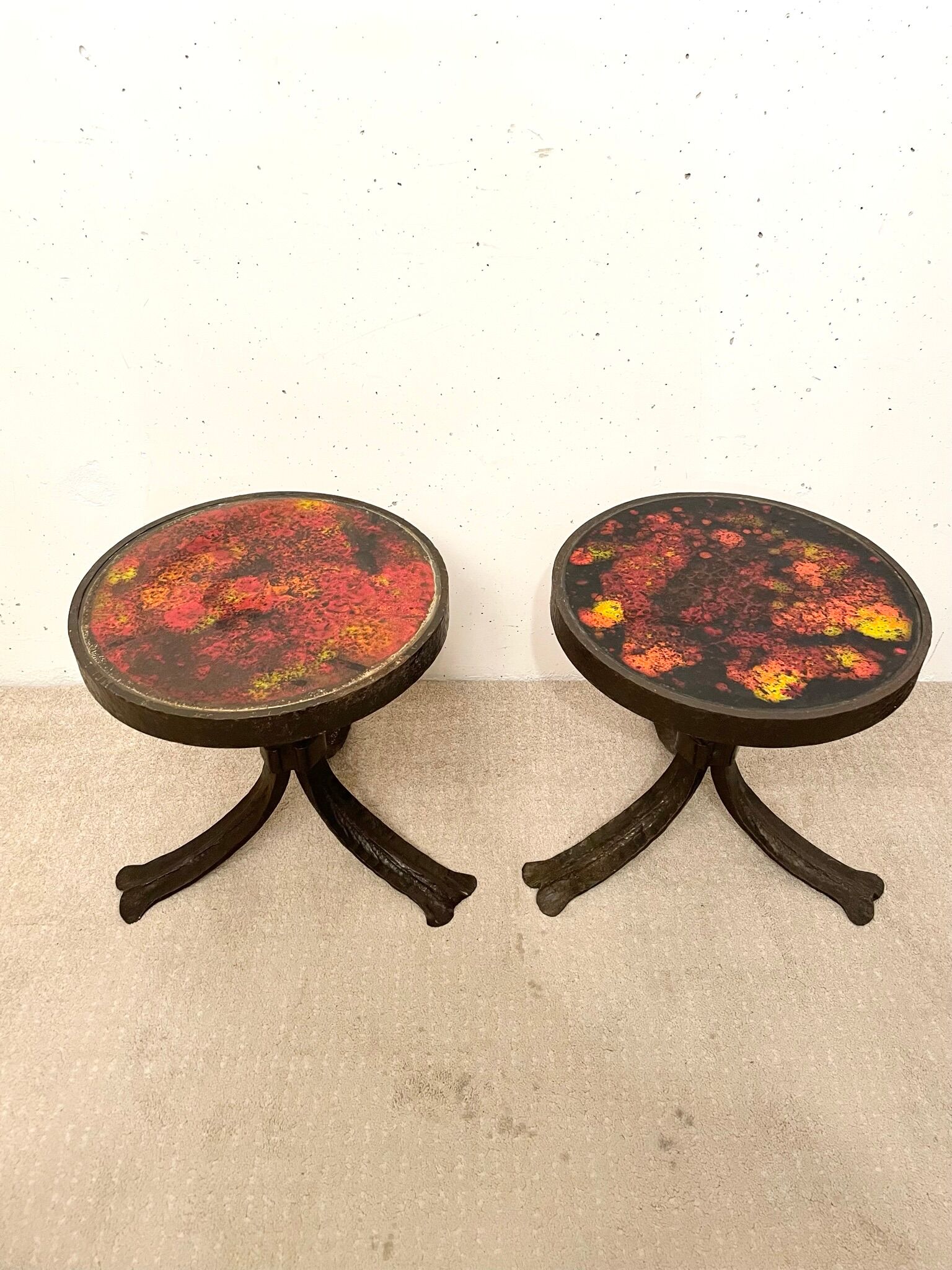 Pair of brutalist side tables, steel and ceramic, 1970