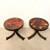 Pair of brutalist side tables, steel and ceramic, 1970