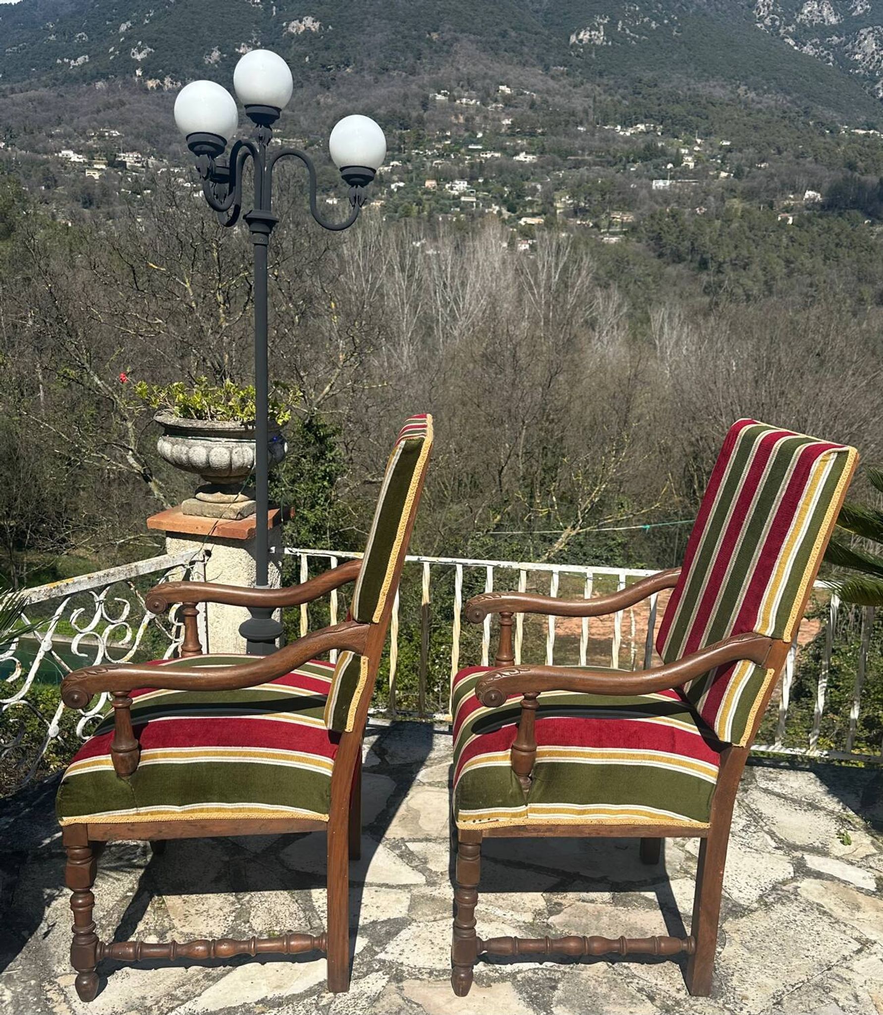 Pair of Louis XIII style walnut armchairs, 19th century