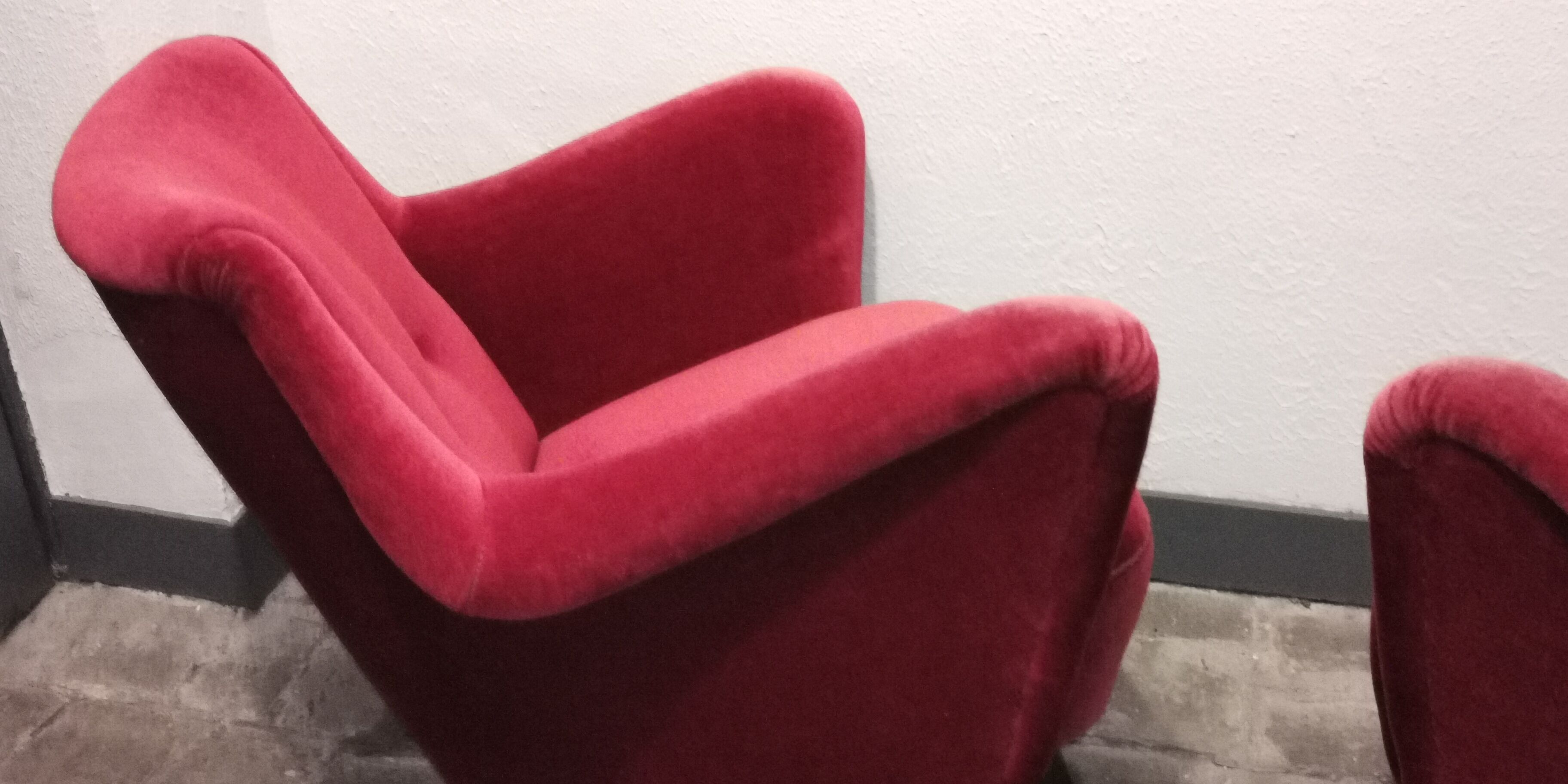 Pair of organic armchairs from the 50s red velvet