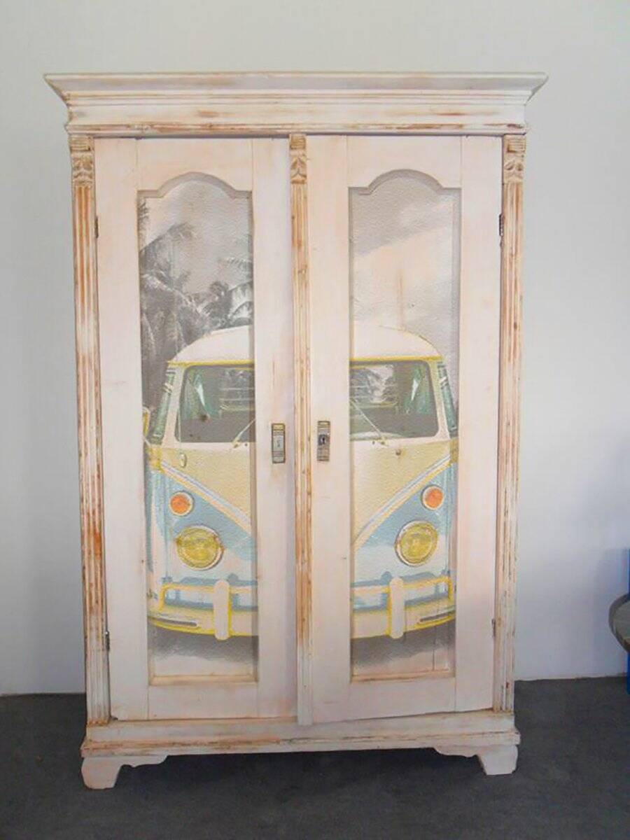 Vintage blonde wood wardrobe painted in antique white, doors decorated with Volkswagen Samba, unique piece.