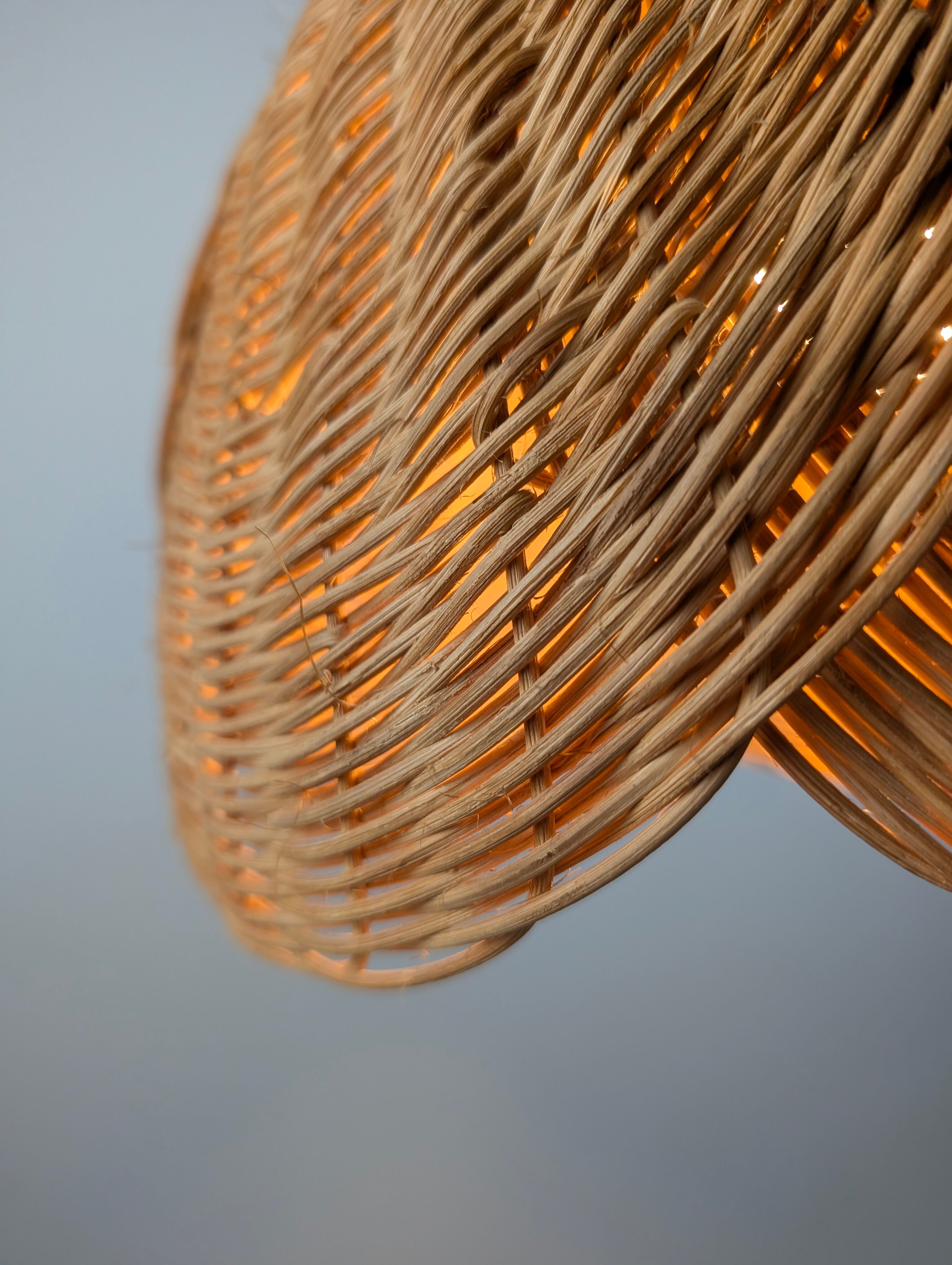 Wicker organic modern pendant lamp with overlapping petal shade, late 20th century