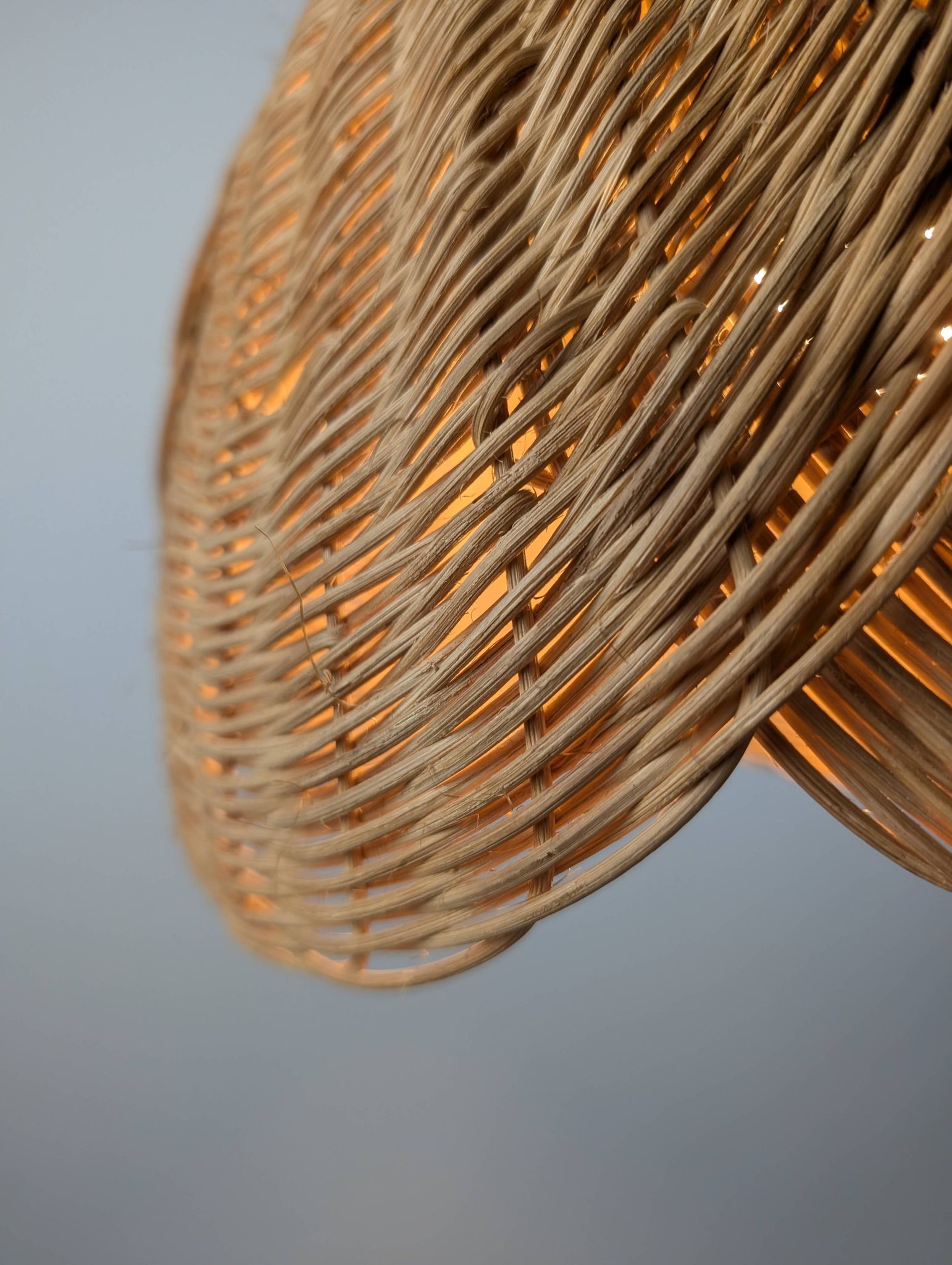 Wicker organic modern pendant lamp with overlapping petal shade, late 20th century