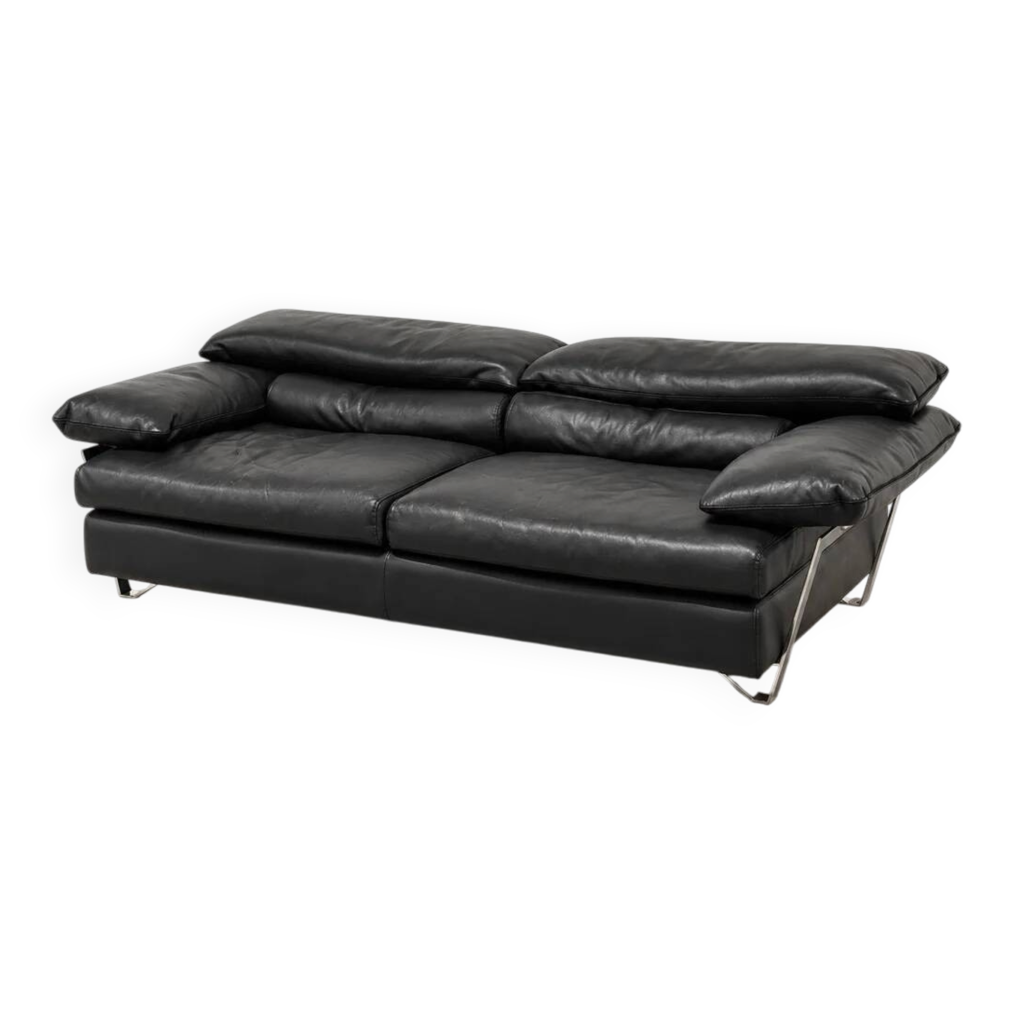 Two-seater black leather sofa from Roche Bobois with a chrome frame.