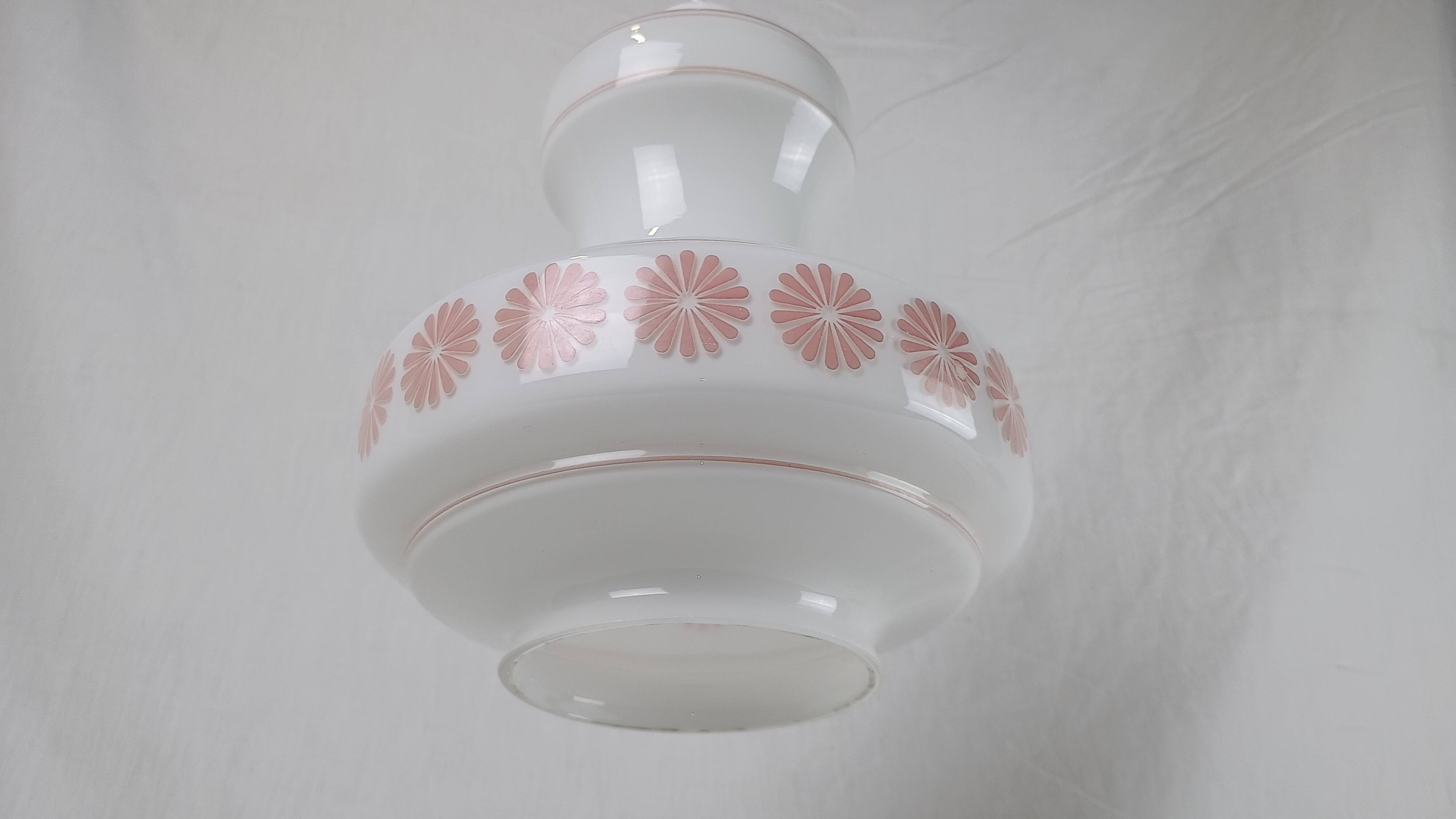 Vintage French pendant light in cream-white glass with pink flowers