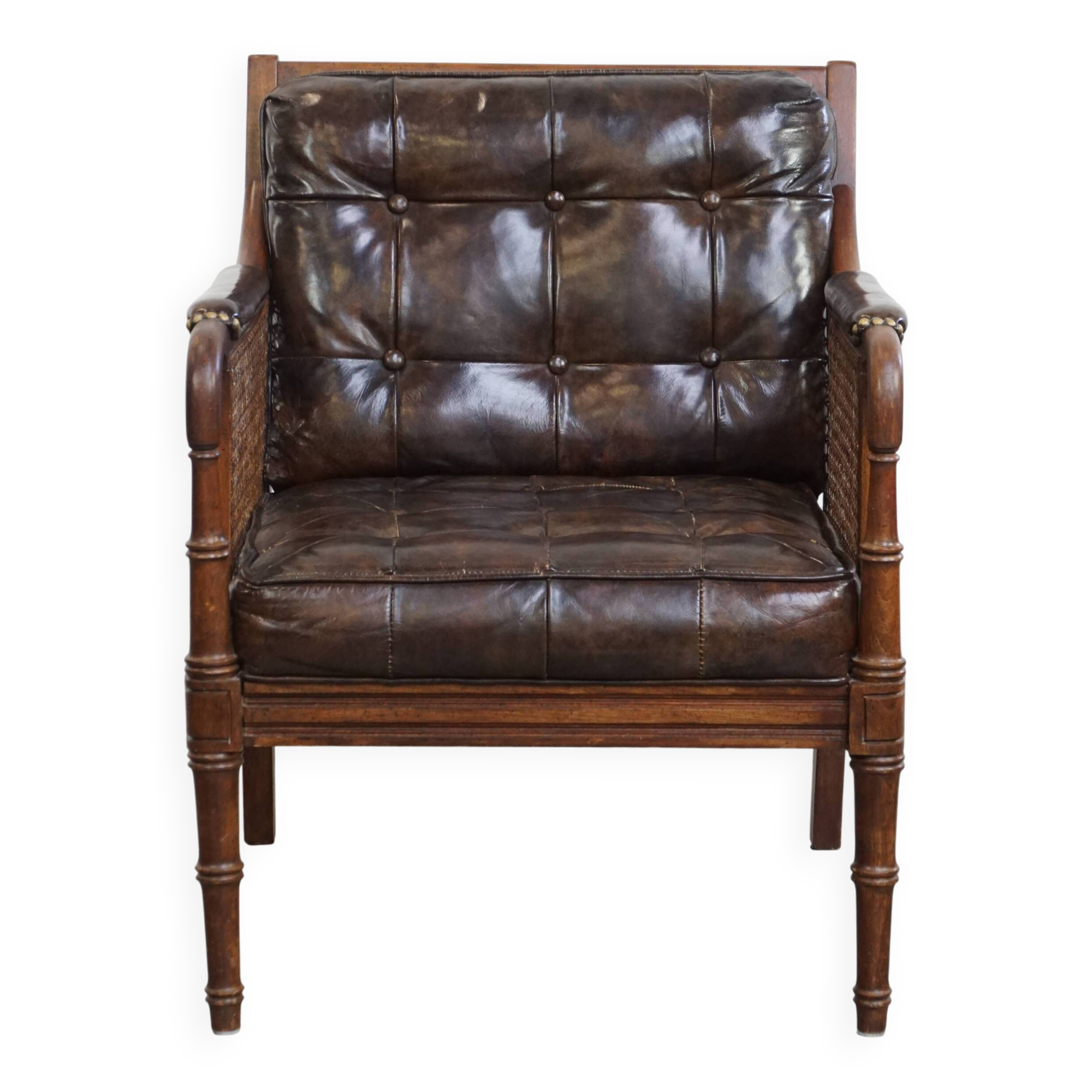 Vintage 1970s Design Armchair Made of Wood, Leather, and Webbing