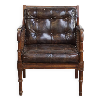 Vintage 1970s Design Armchair Made of Wood, Leather, and Webbing