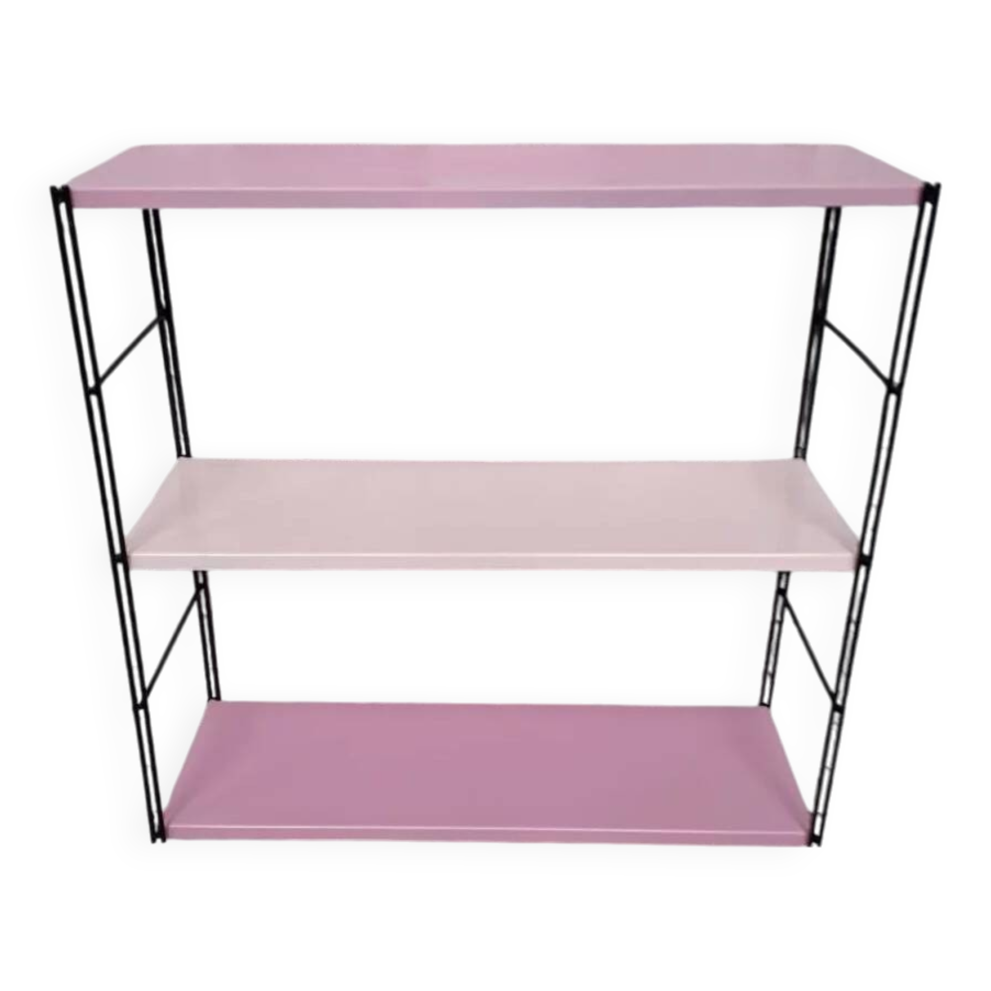 Pink metal string shelf, 2 tones, black uprights. 47x49x16 t1960 70.