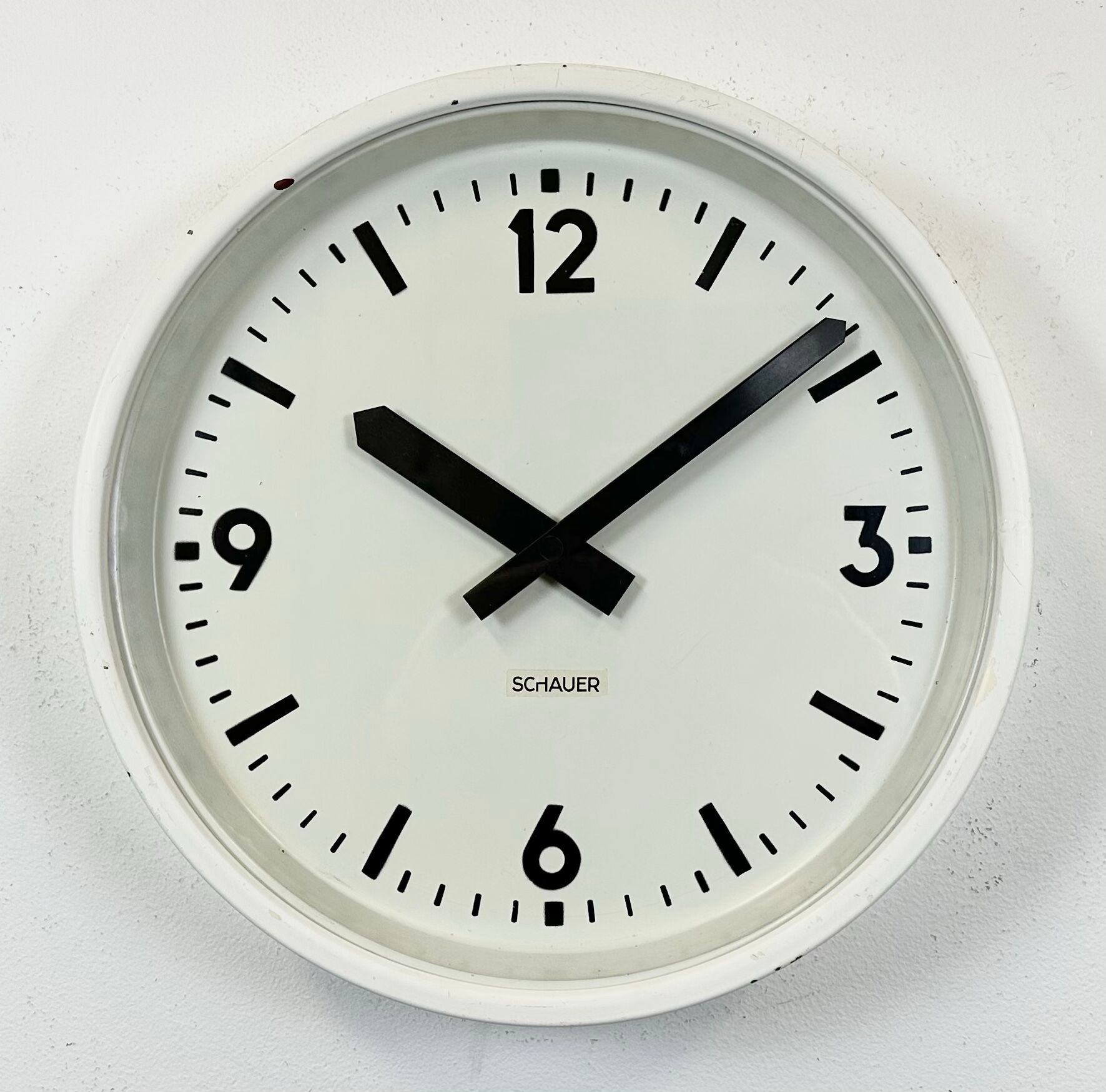 White industrial austrian factory wall clock from Schauer, 1960s