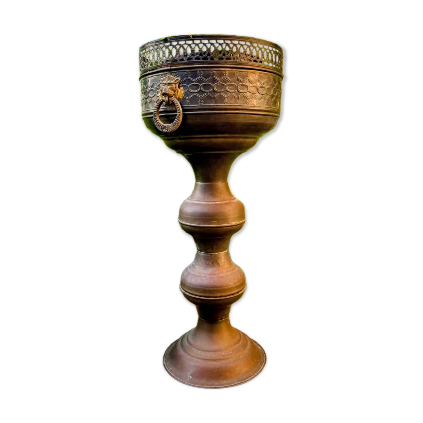 Large brass lion planter on a stand in Baroque Art Nouveau style.