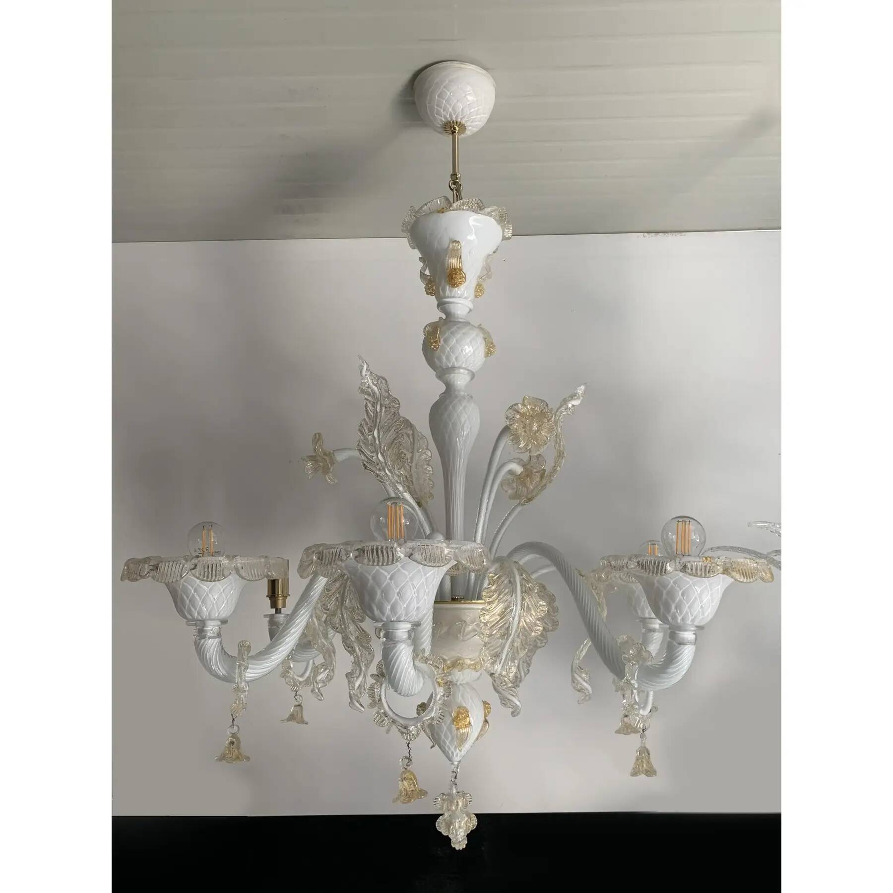 Murano Glass Chandelier in Milky and Gold with Flowers and Leaves