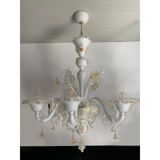 Murano Glass Chandelier in Milky and Gold with Flowers and Leaves