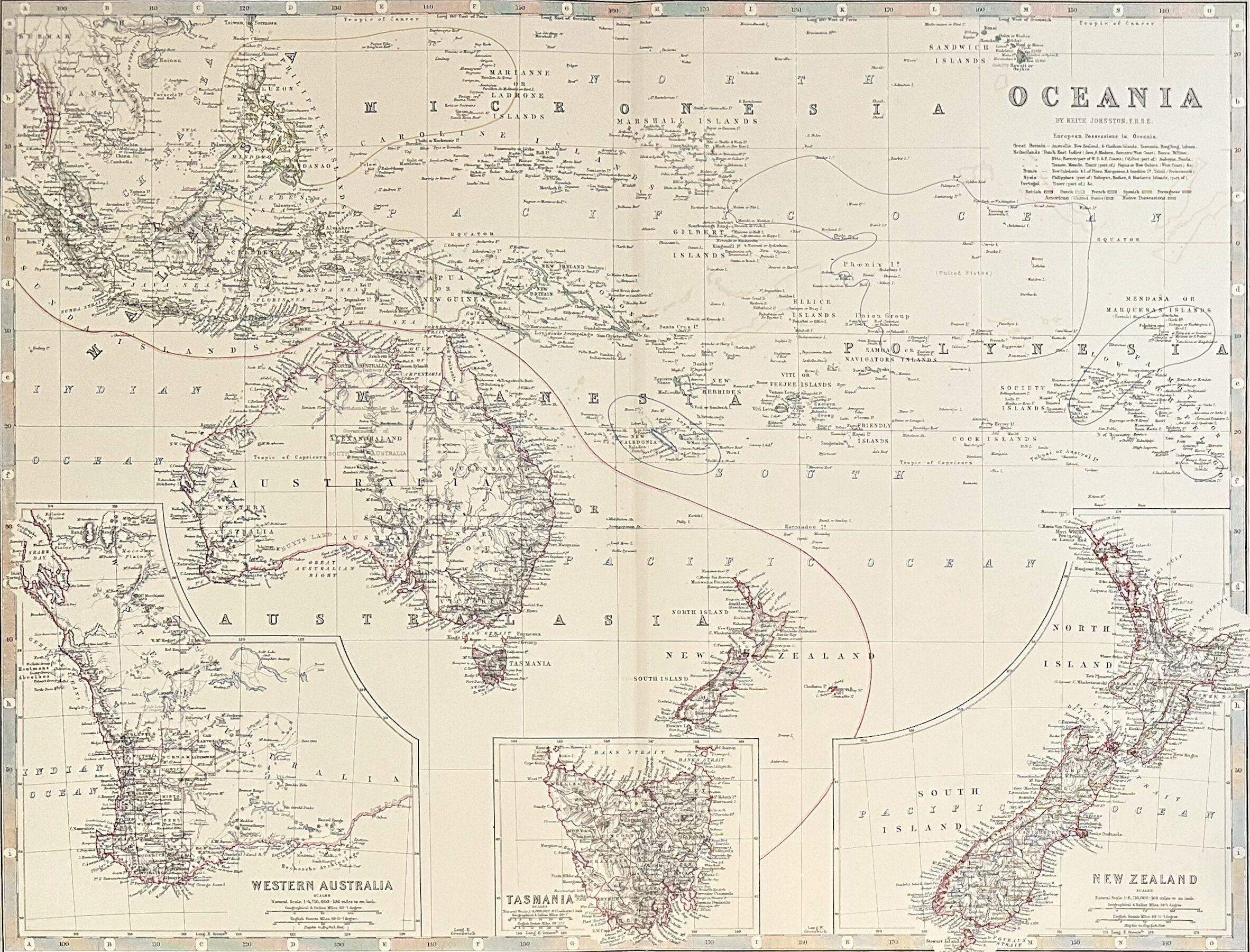 Map of The Atlantic Ocean c1869 Keith Johnston Royal Atlas Hand coloured map