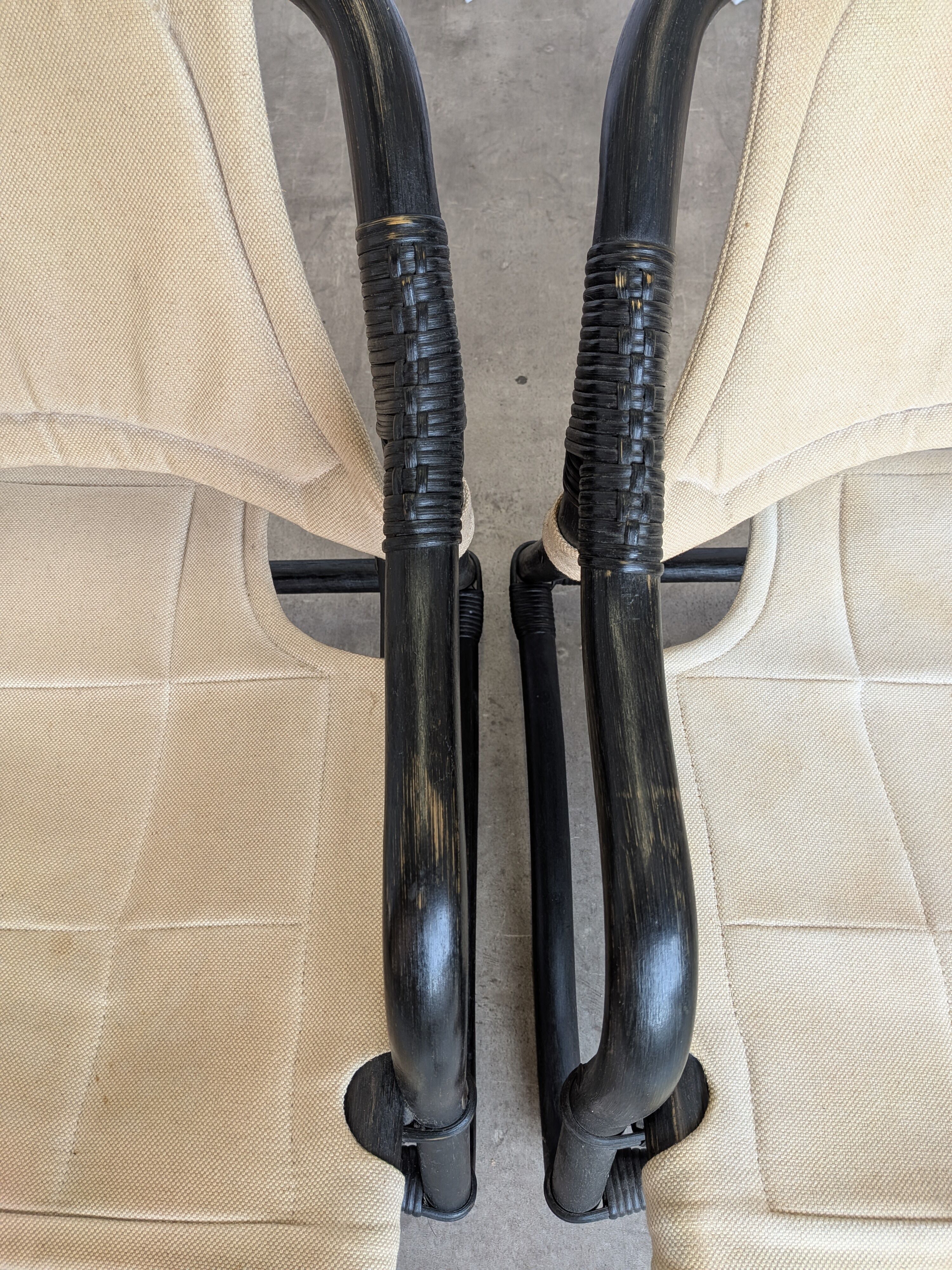 2 Vintage Espri Safari Lounge Armchairs / Rare Mid-century Black Bamboo and Beige Fabric Easy C