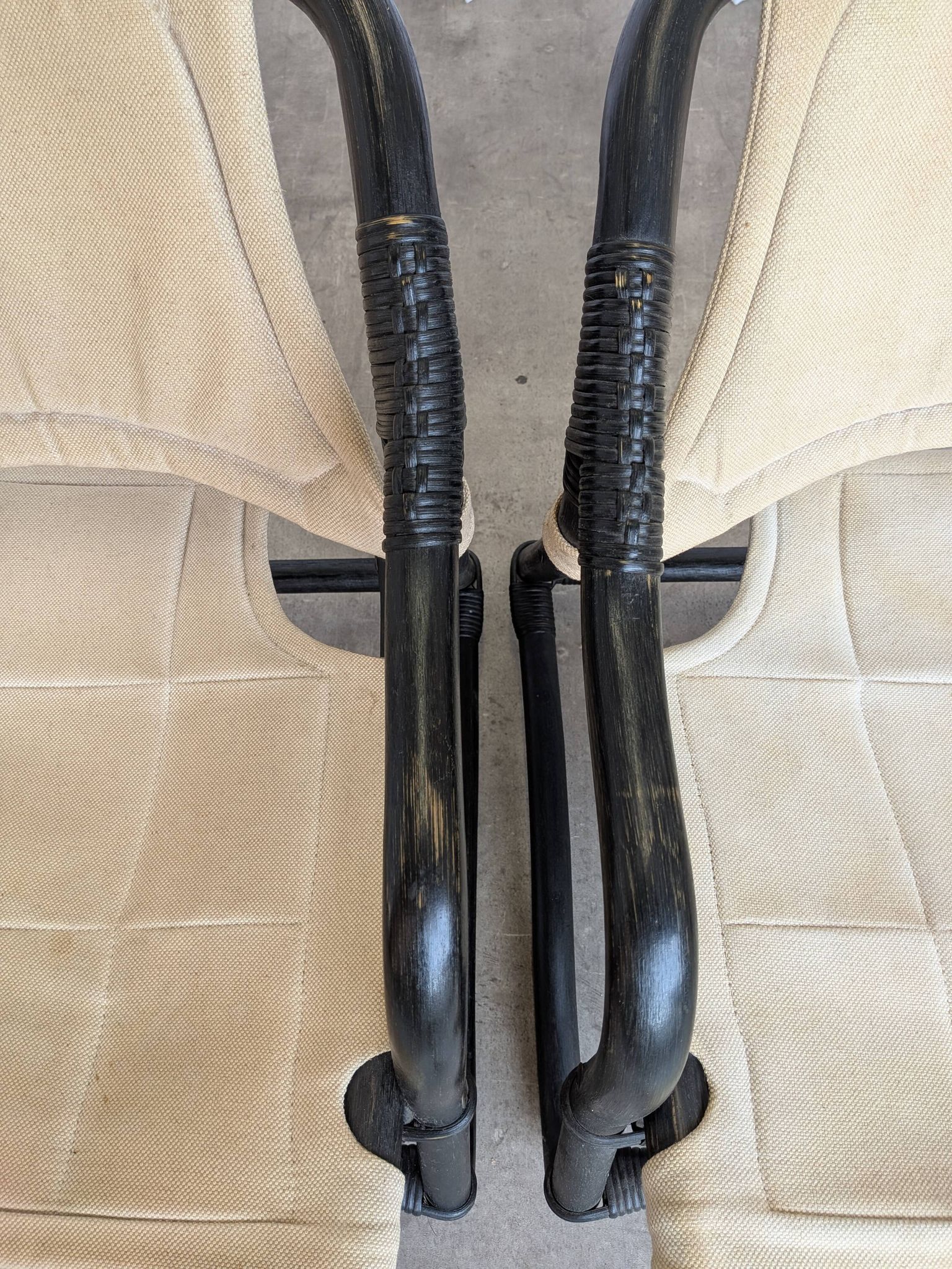 2 Vintage Espri Safari Lounge Armchairs / Rare Mid-century Black Bamboo and Beige Fabric Easy C