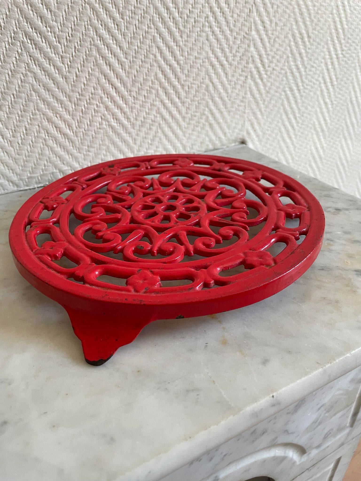Vintage red Decotec enameled cast iron trivet