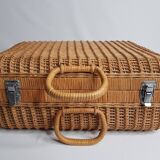 Mallette ou valisette en osier avec doublure en tissu vintage