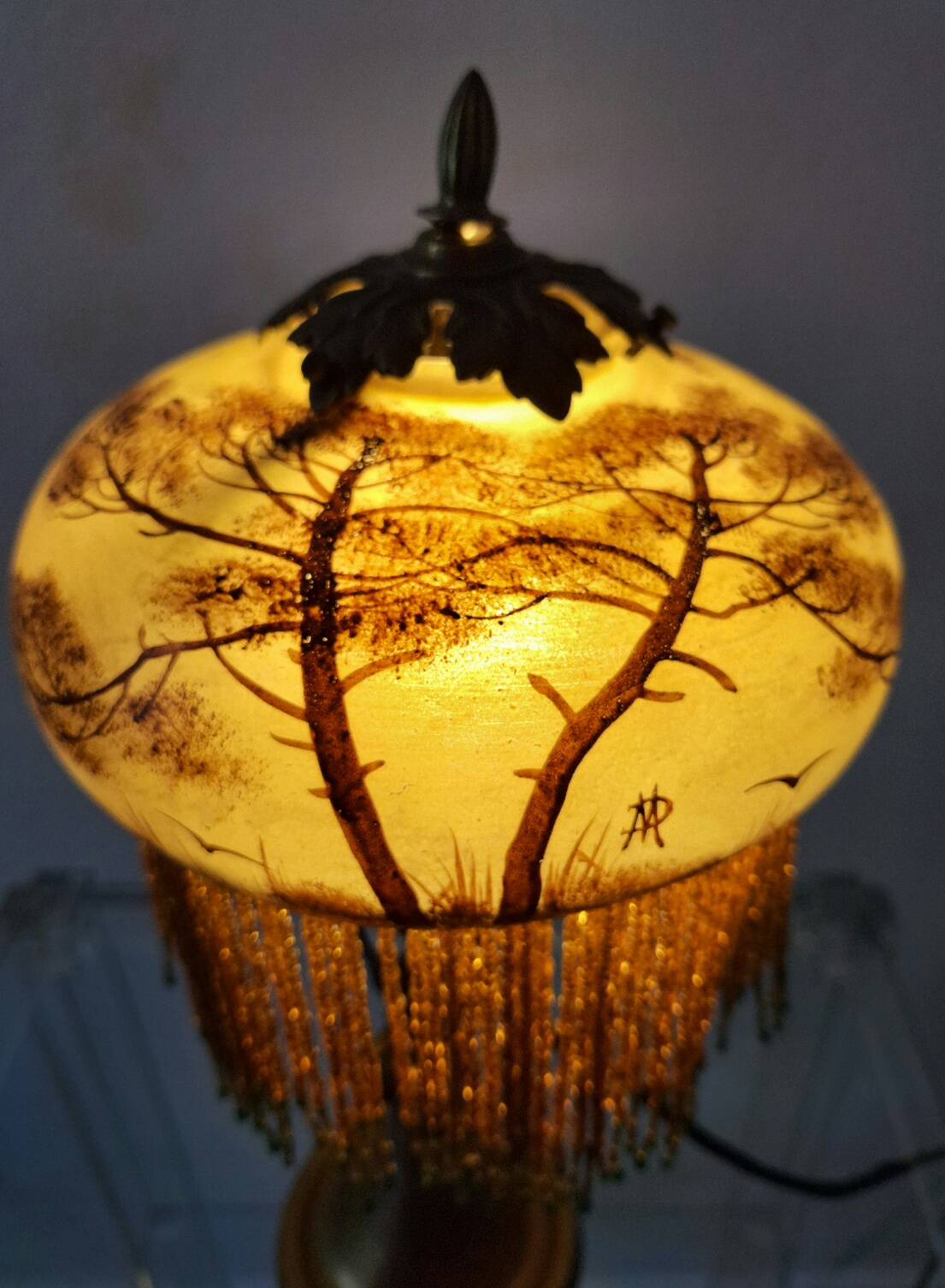 Antique signed reverse painted bronze table lamp, 1910-20