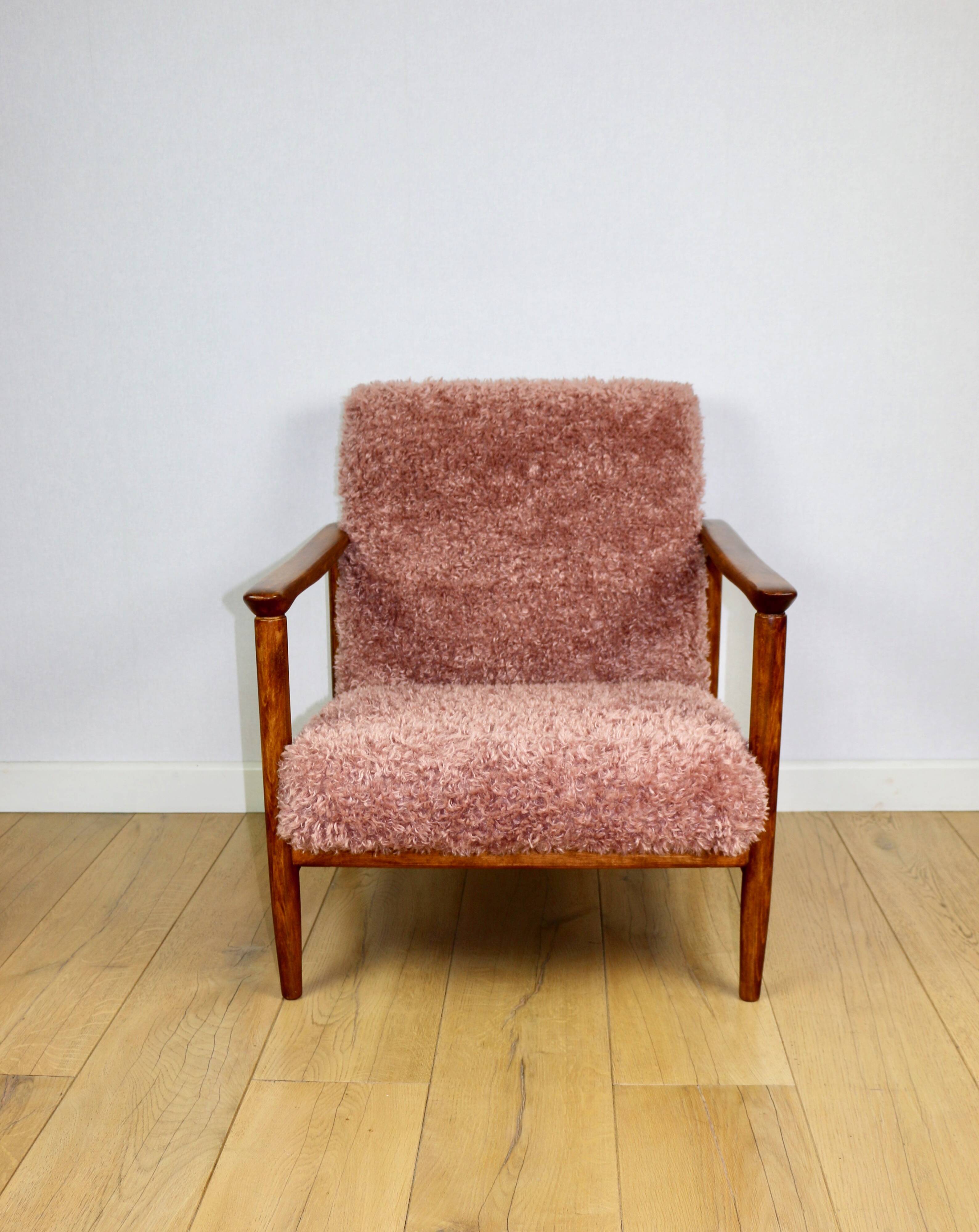 GFM-142 armchair designed by Edmund Homa from the 70s, pink long hair - 2 pieces available