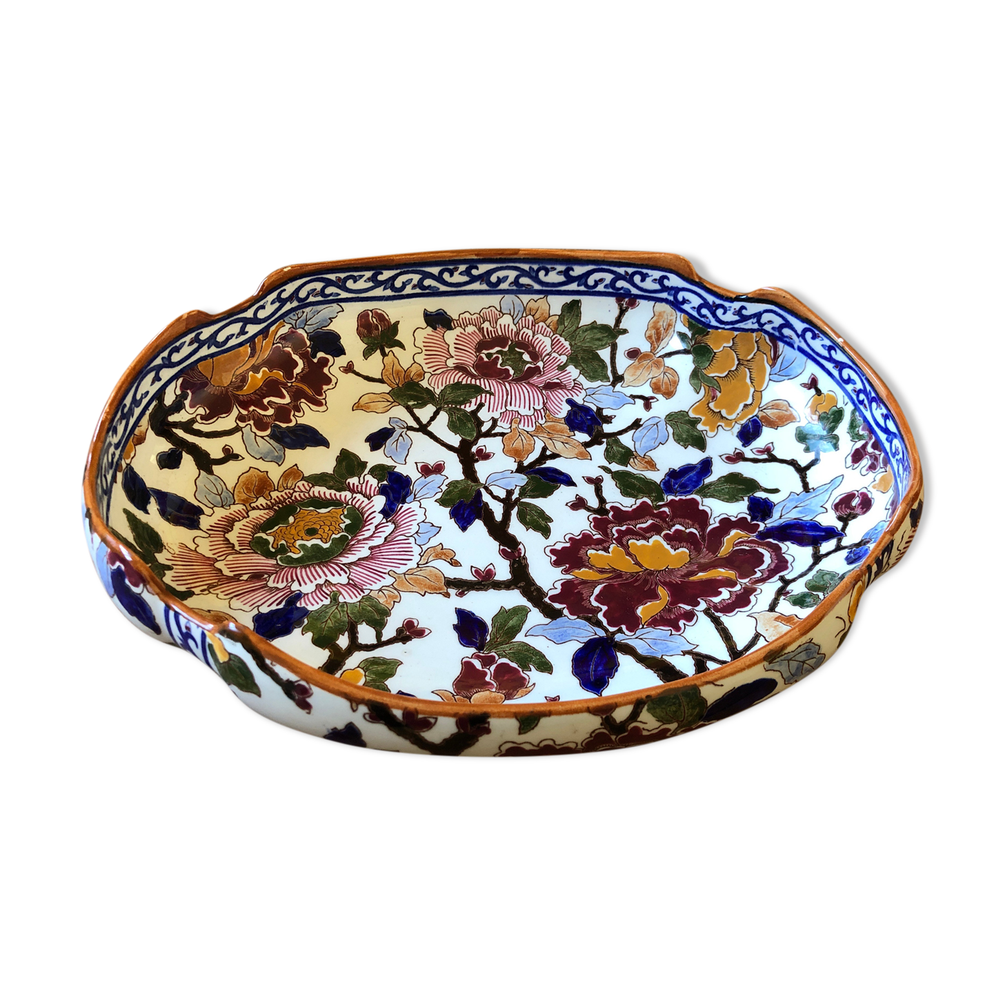 Ceramic hollow dish gien France decoration flowers peony hand painted
