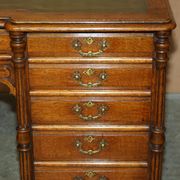 Antique double-sided desk C Hindley & Son in oak and leather