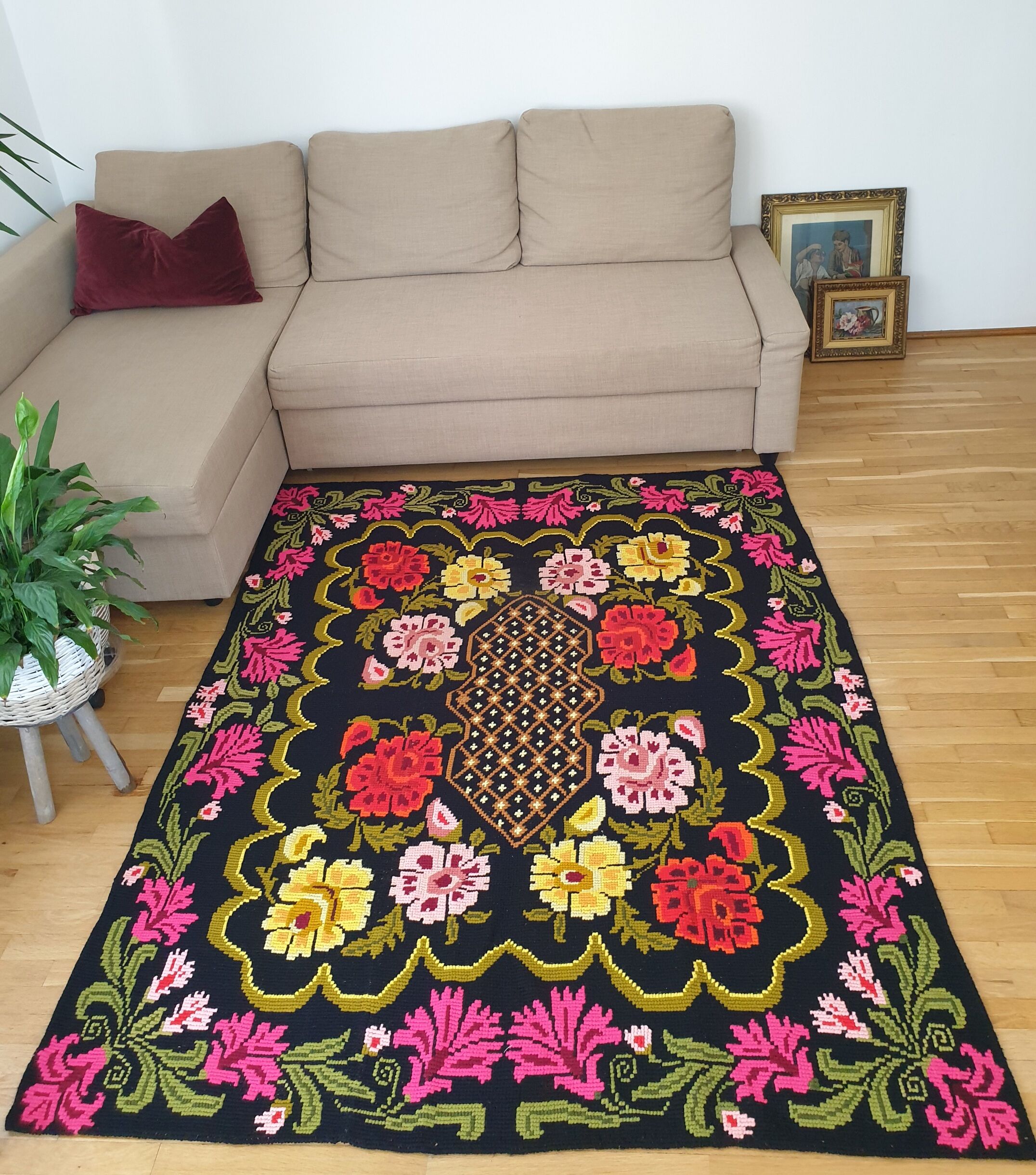 Cross stitch floral boho carpet made by hand on hemp, Romania 148x190cm