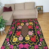 Cross stitch floral boho carpet made by hand on hemp, Romania 148x190cm