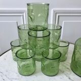 Set of decanter and 9 green glasses in bubbled glass 70s