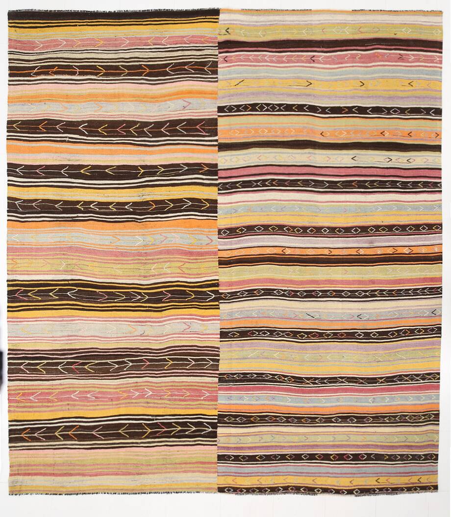 10x11 Yellow & Brown Ethnic Vintage Kilim Rug, 326x350Cm