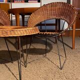 Ensemble 2 fauteuils et table basse en osier Raoul Guy 1950
