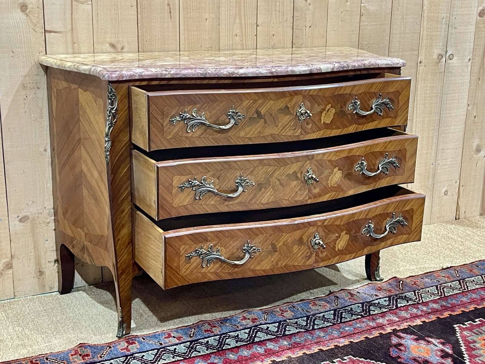 Louis XV style chest of drawers in rosewood, oak and marble top, made in the 70s