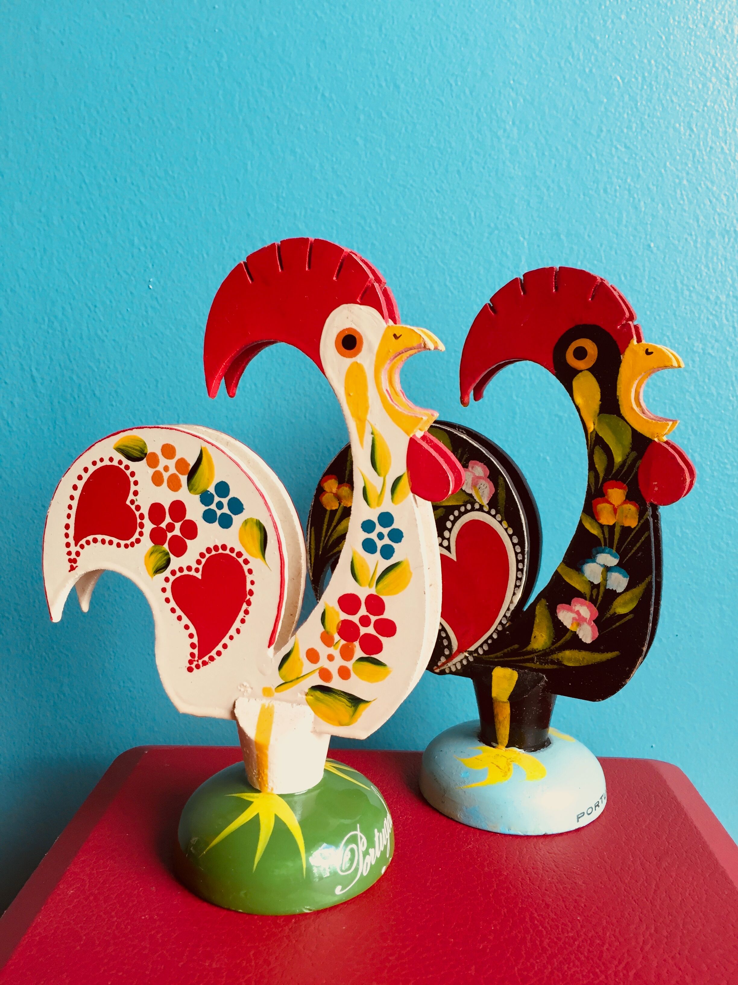 Retro wooden roosters vintage red green black and white Portugal
