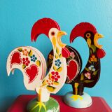 Retro wooden roosters vintage red green black and white Portugal