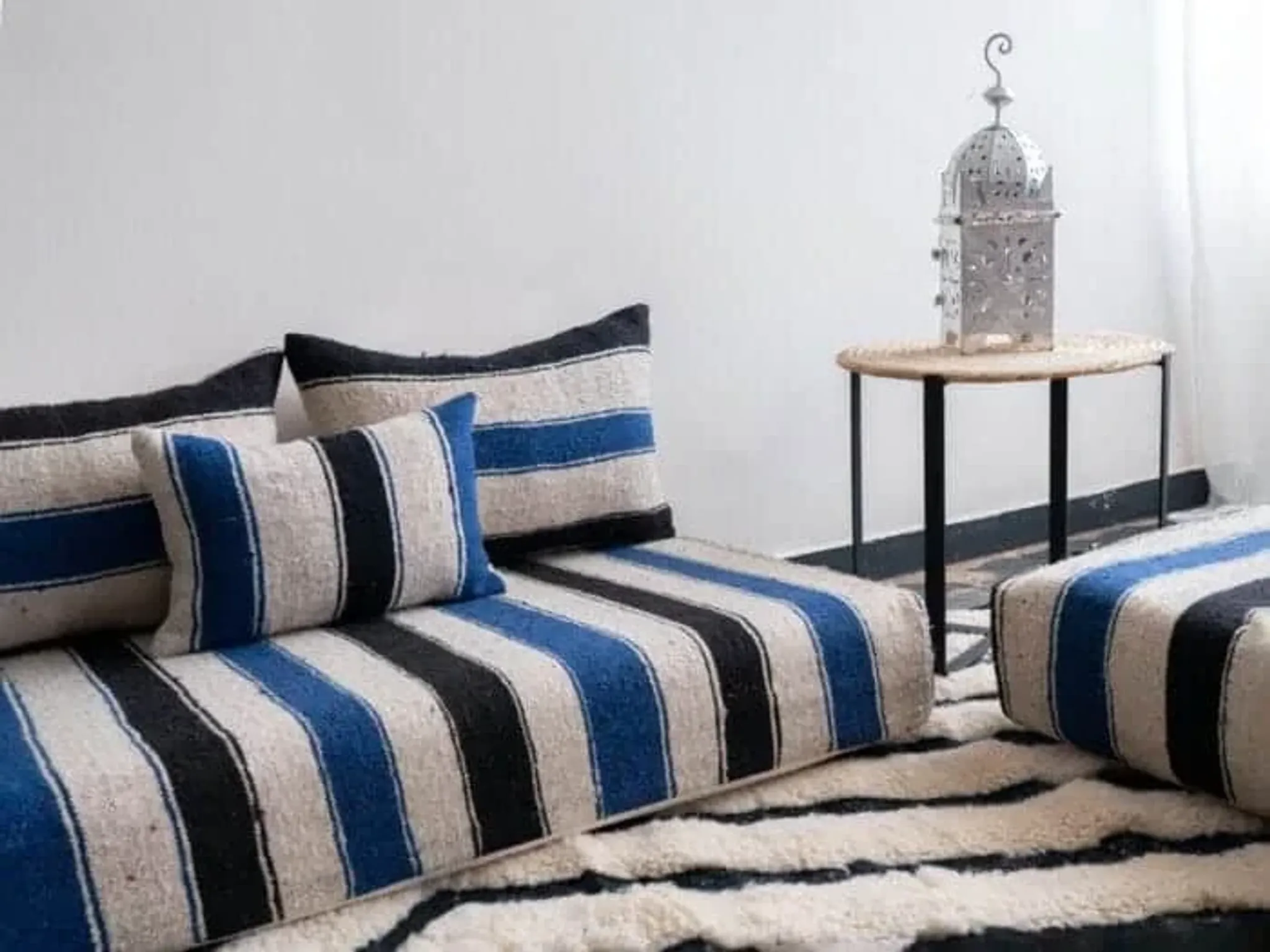 Handmade Moroccan blue and black floor cushion 120x70cm