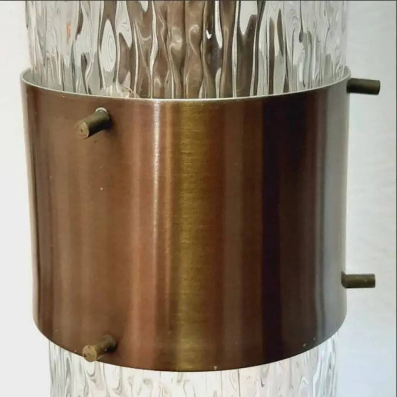 Three vintage pendant lamps, copper, aluminum and glass.