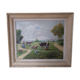 Oil on canvas XXth signed R Sarot Bucolic scene