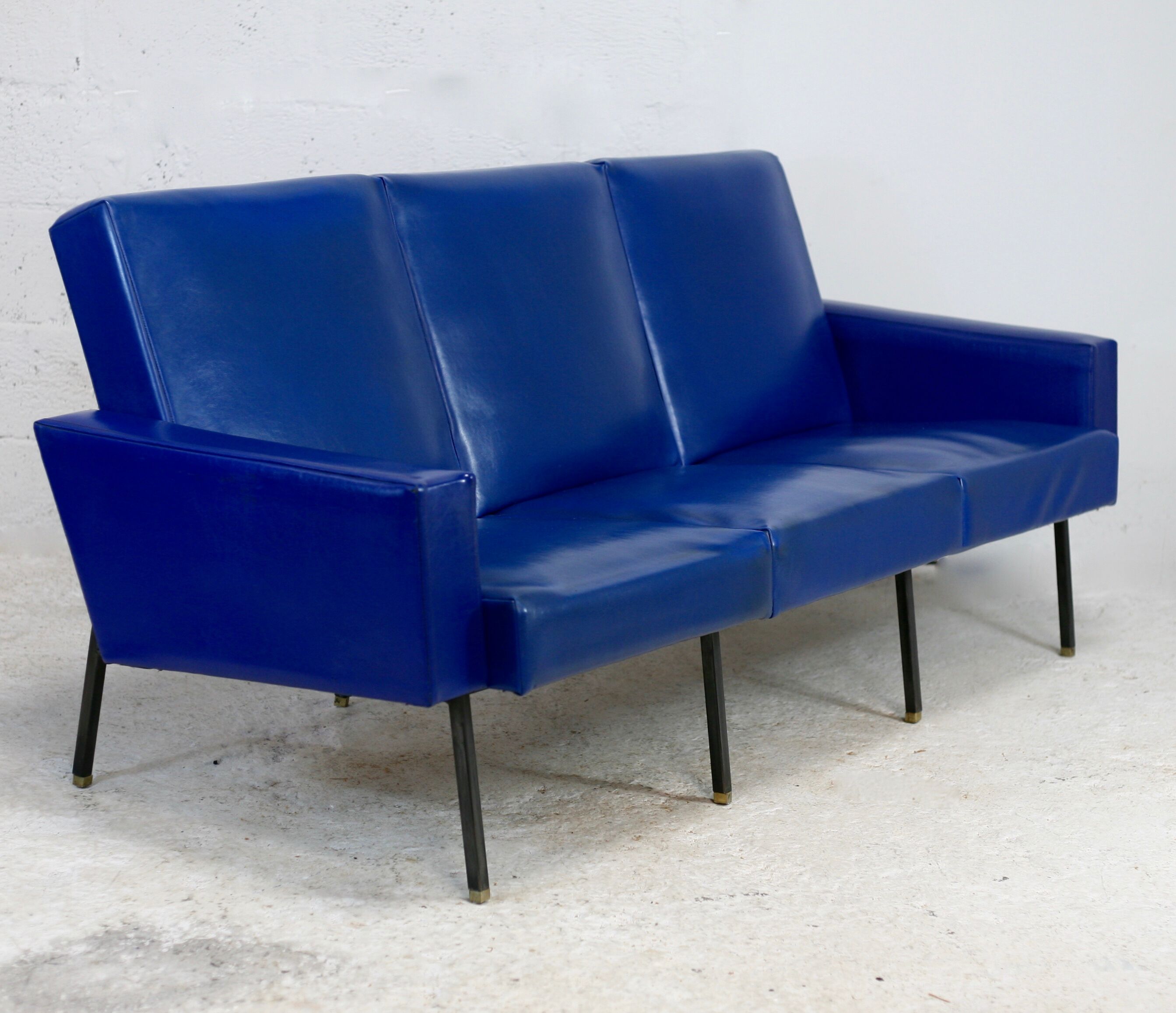 Sofa imitation leather blue and steel, 3 seats, France, circa 1960