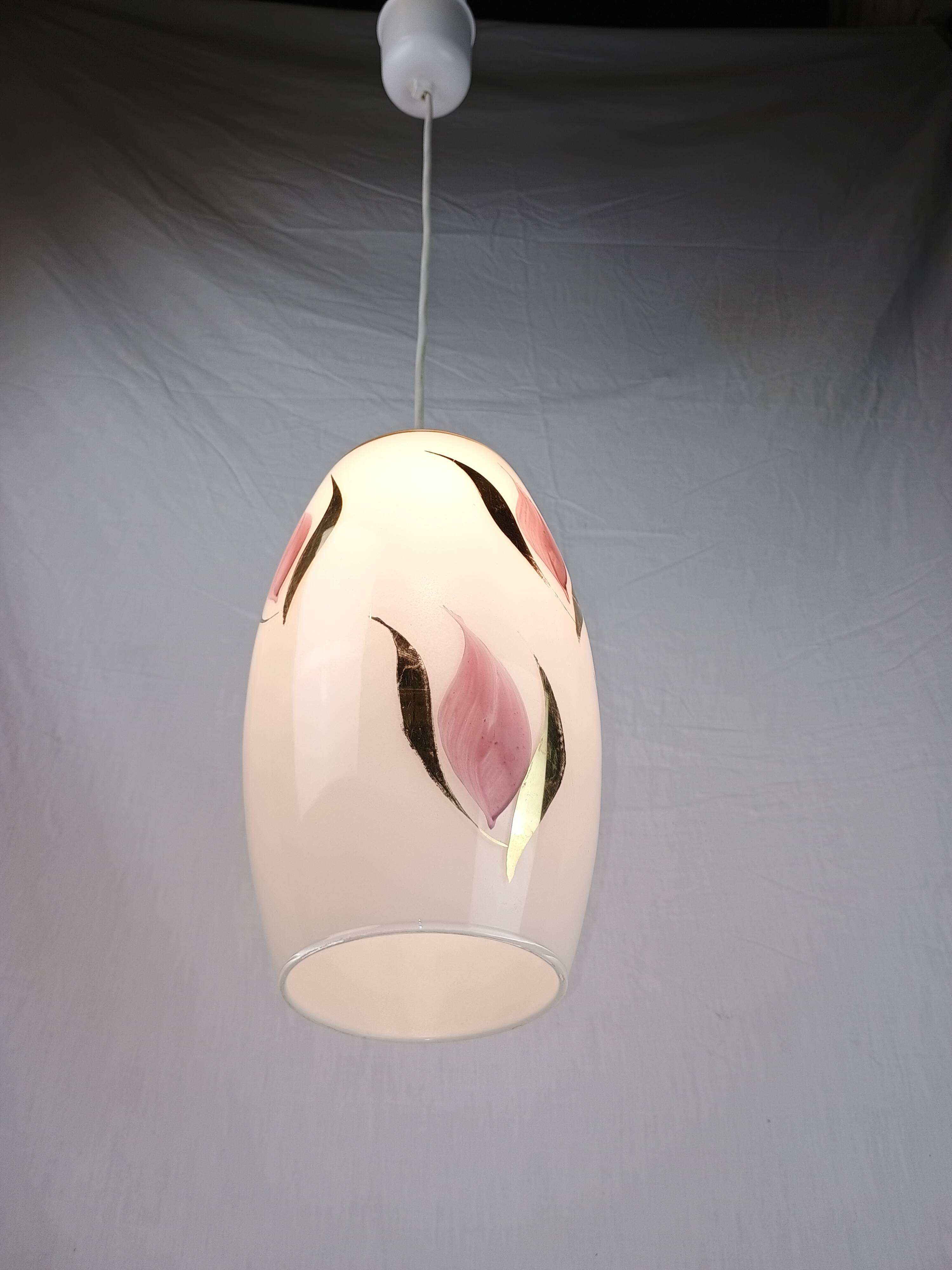 Vintage 1950s Pendant Light, Cream White Glass, Pink and Gold Flower Pattern, ARLUS