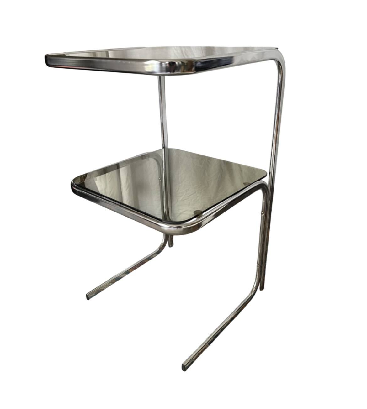 Vintage 1970s side table in smoked glass and chrome.