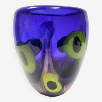 Vase postmoderne en verre de Murano bleu épais avec chartreuse et taches noires, Italie