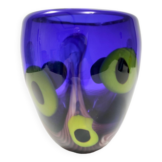 Postmodern Blue Thick Murano Glass Vase with Chartreuse and Black Spots, Italy
