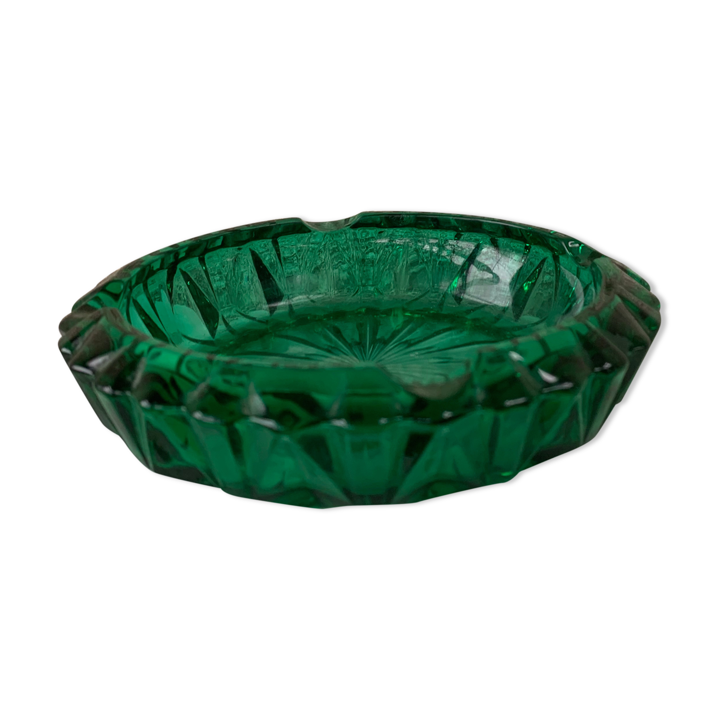 Vintage green chiseled glass ashtray