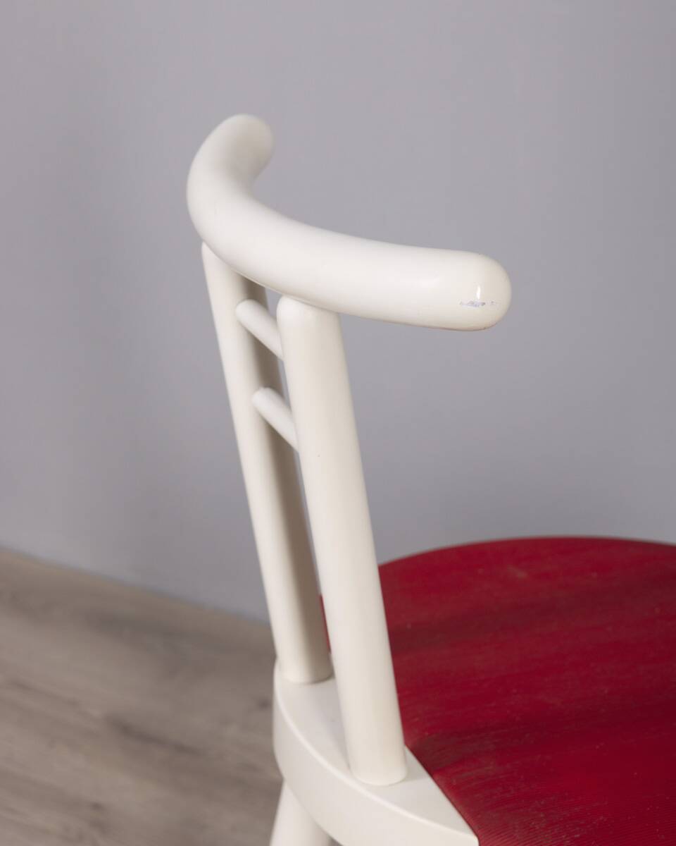 Set of 4 vintage 1980s chairs in wood and red vinyl, italian design