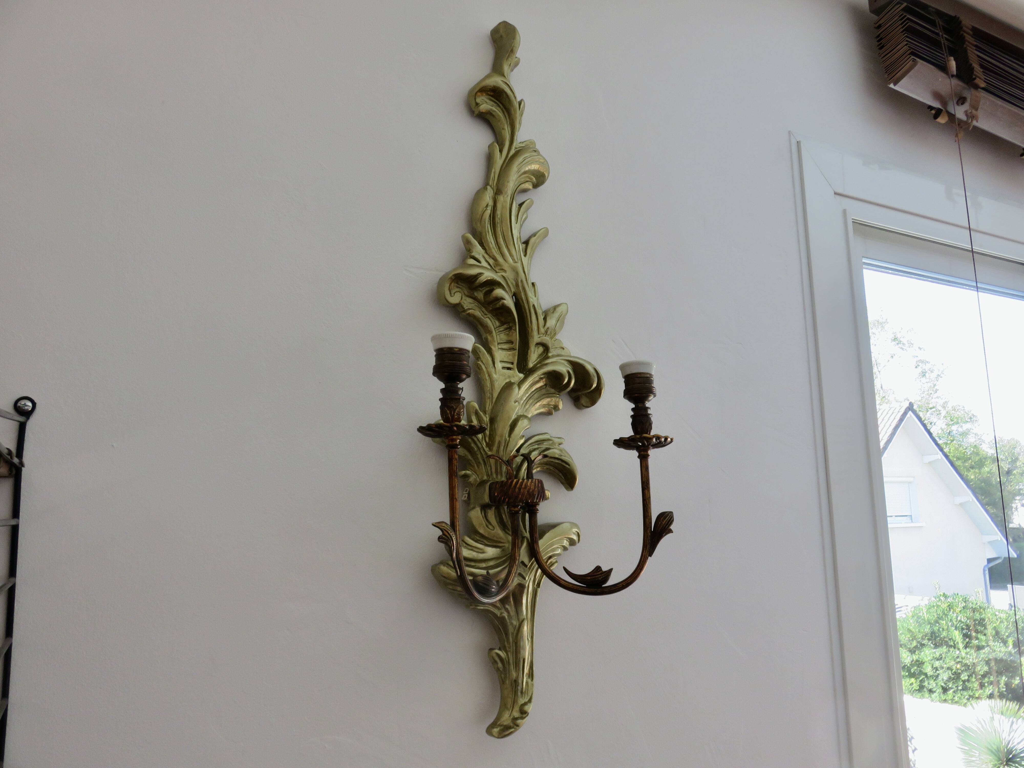 Pair of 86cm castle sconces in gilded wood from the 1940s