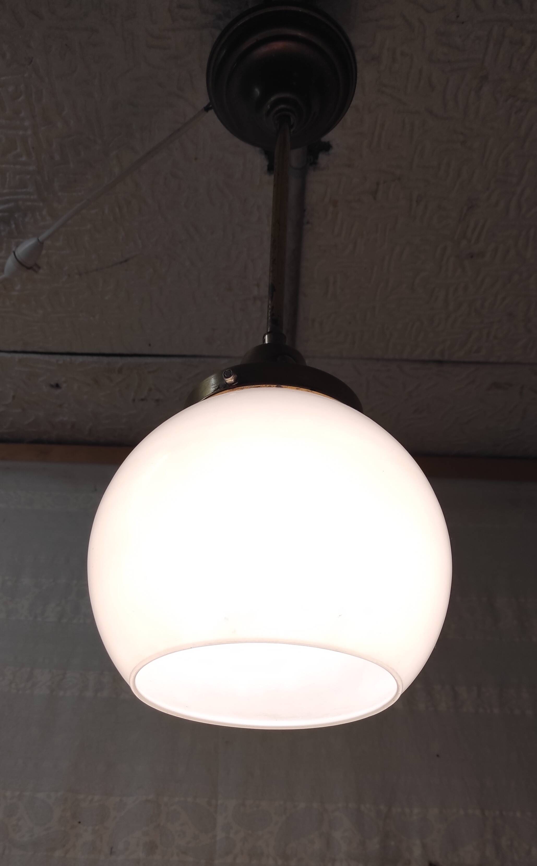 Art Deco pendant light in brass and opaline - mid-20th century